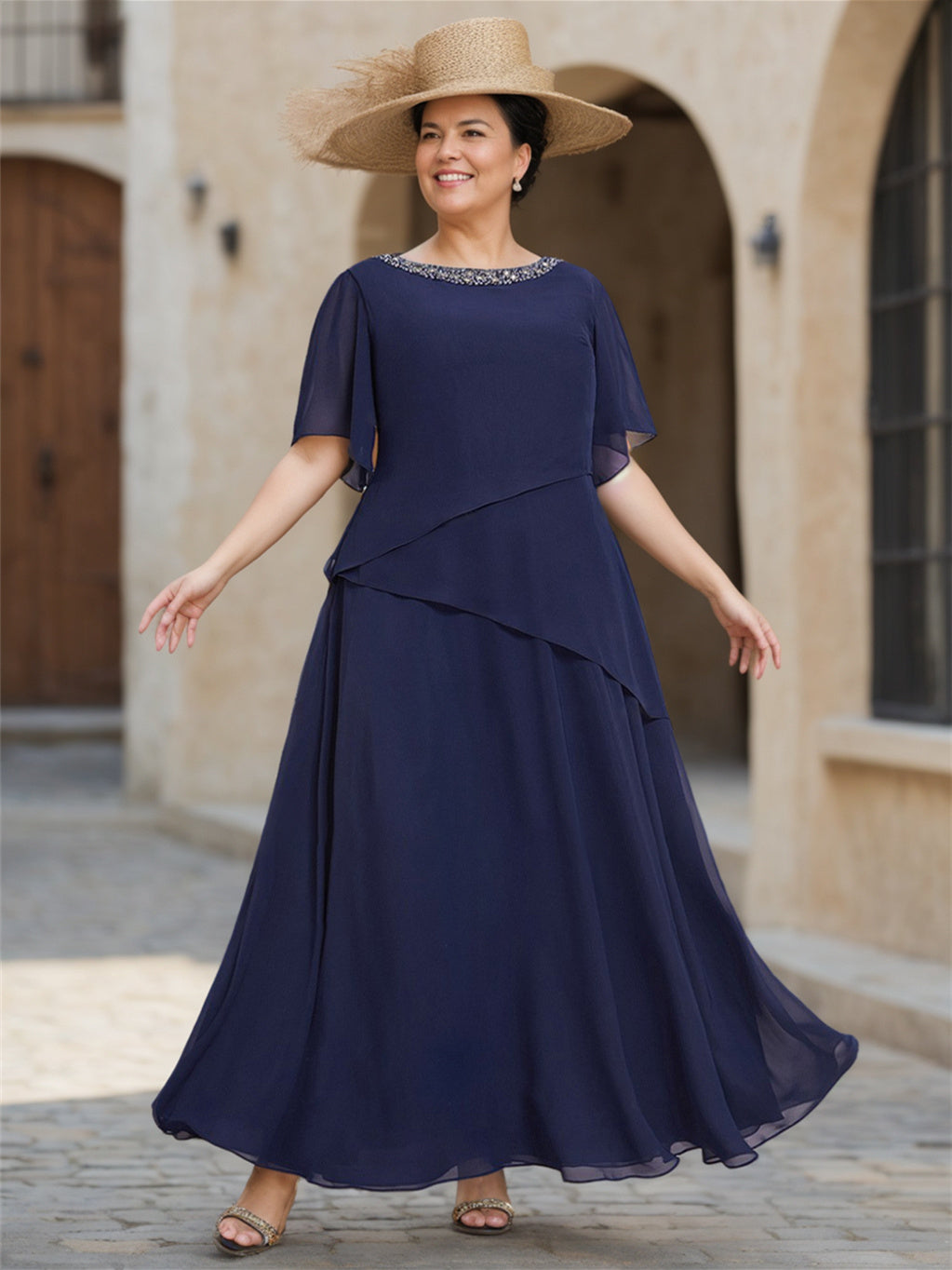 Robe de Mère de la Mariée en Mousseline de Soie Coupe A-Line/Princess, Longueur Cheville, Manches 1/2, Décolleté en V
