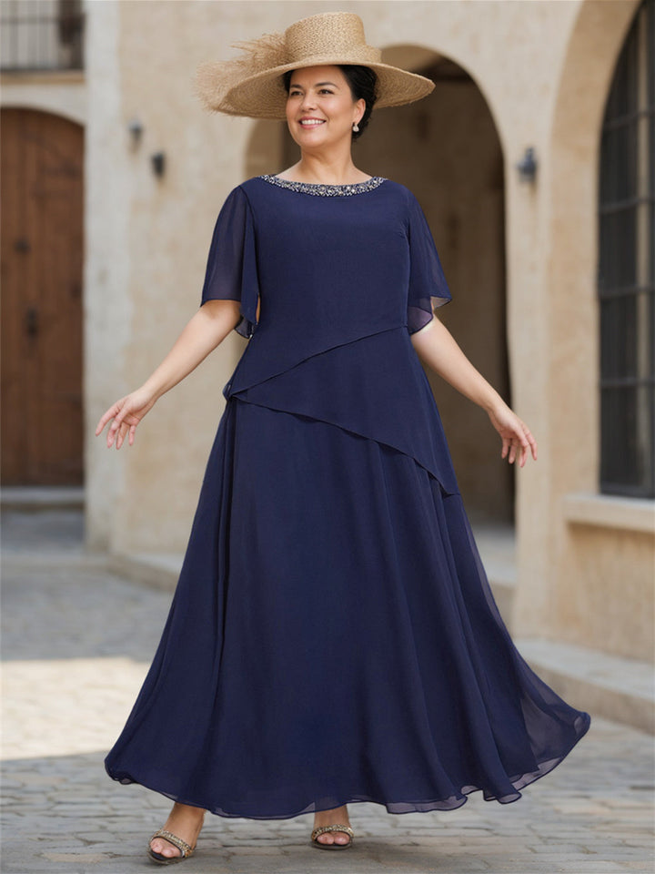 Robe de Mère de la Mariée en Mousseline de Soie Coupe A-Line/Princess, Longueur Cheville, Manches 1/2, Décolleté en V