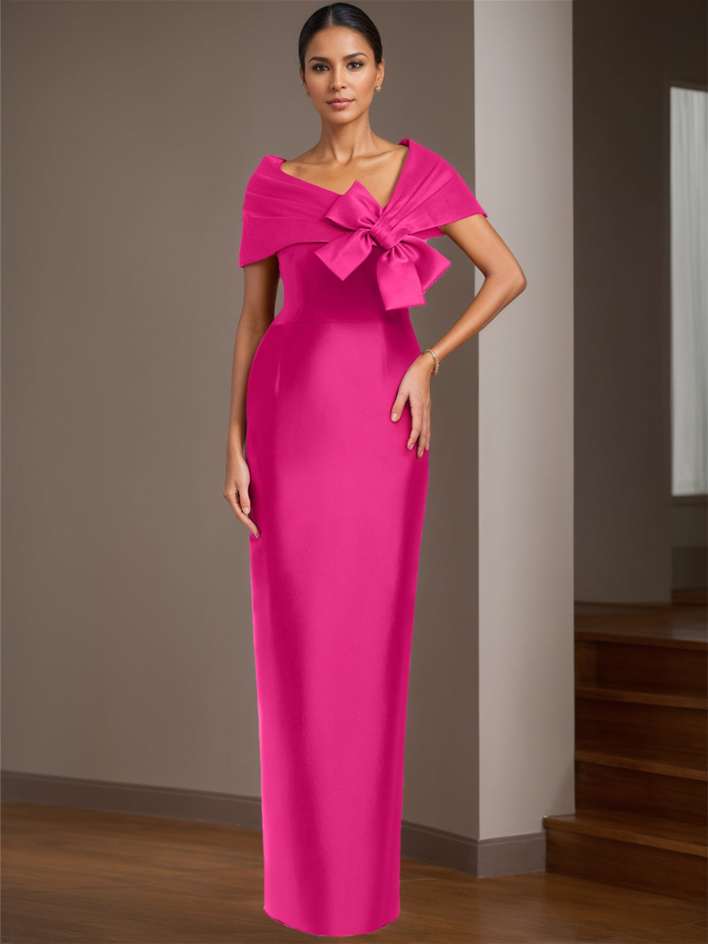 Robe de Mère de la Mariée Asymétrique en Satin, Longueur Au Sol, Sans Manches, avec Nœud(S)