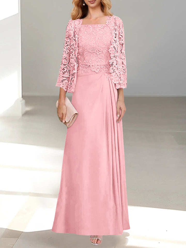 Robe De Mère De La Mariée 2 Pièces Coupe A-line/princesse Avec Décolleté Plongeant Et Longueur Au Sol Et Appliques Plissées Et En Dentelle
