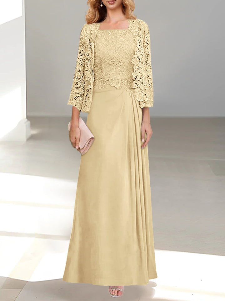 Robe De Mère De La Mariée 2 Pièces Coupe A-line/princesse Avec Décolleté Plongeant Et Longueur Au Sol Et Appliques Plissées Et En Dentelle