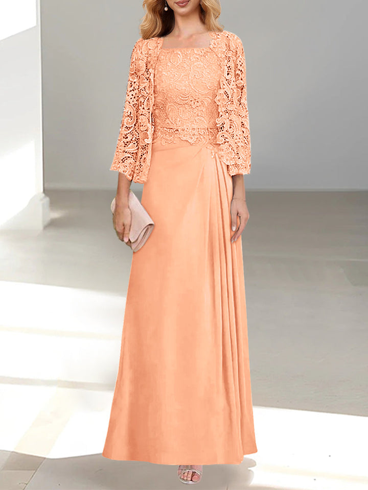 Robe De Mère De La Mariée 2 Pièces Coupe A-line/princesse Avec Décolleté Plongeant Et Longueur Au Sol Et Appliques Plissées Et En Dentelle