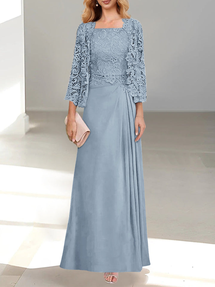 Robe De Mère De La Mariée 2 Pièces Coupe A-line/princesse Avec Décolleté Plongeant Et Longueur Au Sol Et Appliques Plissées Et En Dentelle