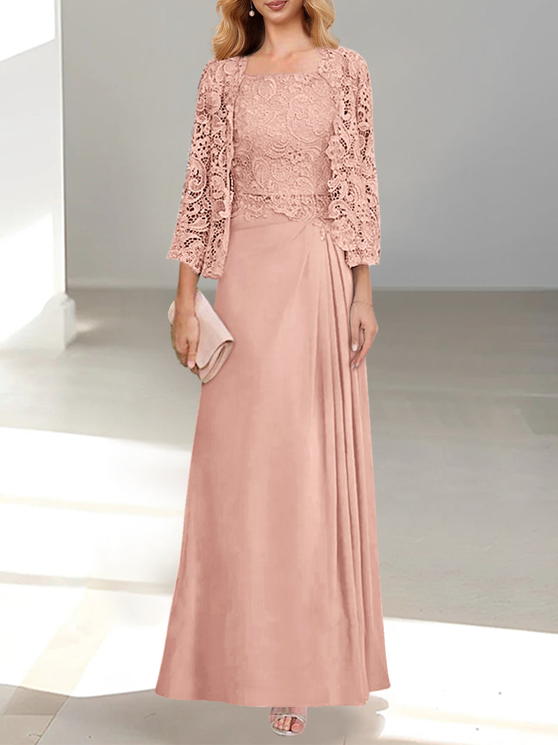 Robe De Mère De La Mariée 2 Pièces Coupe A-line/princesse Avec Décolleté Plongeant Et Longueur Au Sol Et Appliques Plissées Et En Dentelle