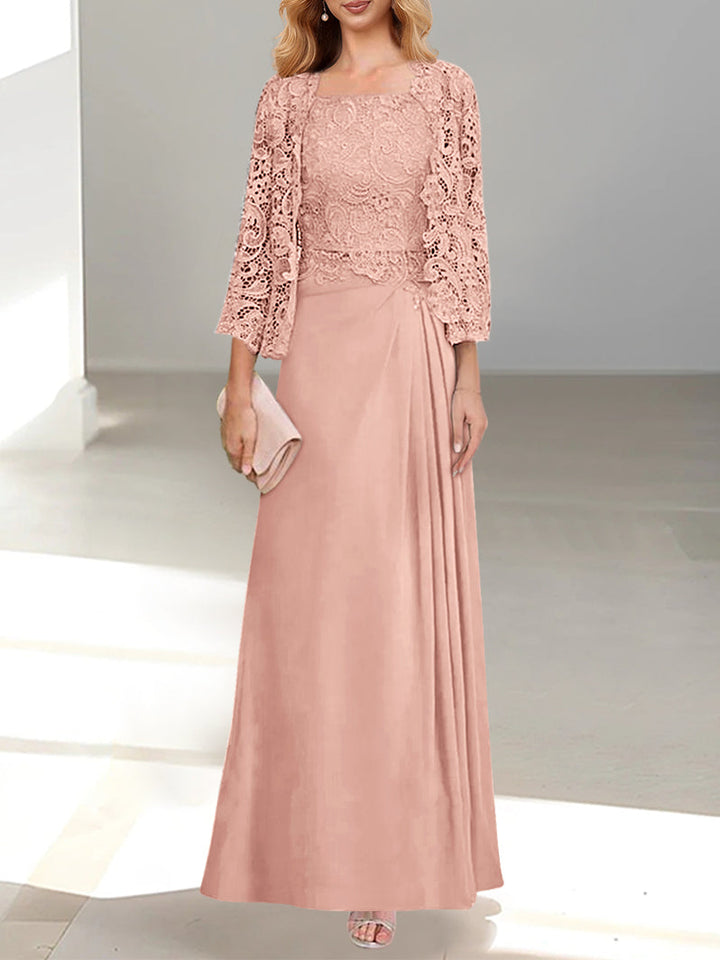Robe De Mère De La Mariée 2 Pièces Coupe A-line/princesse Avec Décolleté Plongeant Et Longueur Au Sol Et Appliques Plissées Et En Dentelle