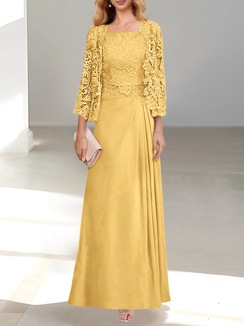 Robe De Mère De La Mariée 2 Pièces Coupe A-line/princesse Avec Décolleté Plongeant Et Longueur Au Sol Et Appliques Plissées Et En Dentelle