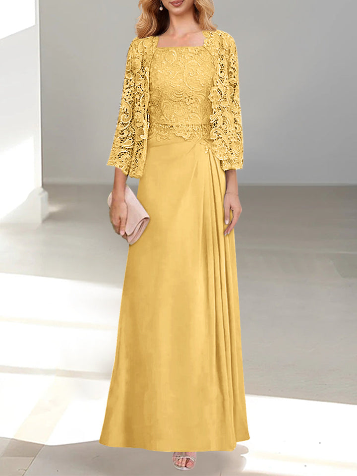 Robe De Mère De La Mariée 2 Pièces Coupe A-line/princesse Avec Décolleté Plongeant Et Longueur Au Sol Et Appliques Plissées Et En Dentelle