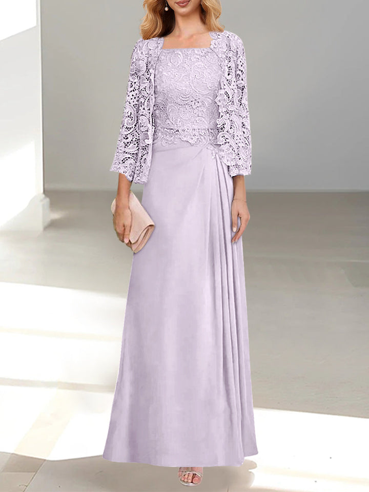 Robe De Mère De La Mariée 2 Pièces Coupe A-line/princesse Avec Décolleté Plongeant Et Longueur Au Sol Et Appliques Plissées Et En Dentelle