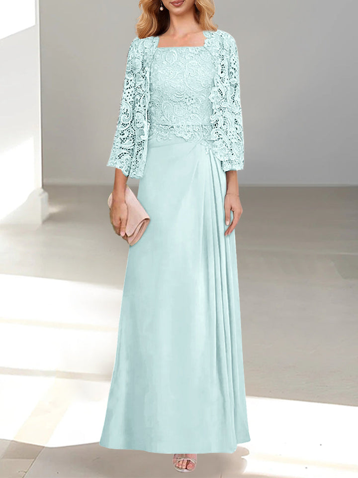 Robe De Mère De La Mariée 2 Pièces Coupe A-line/princesse Avec Décolleté Plongeant Et Longueur Au Sol Et Appliques Plissées Et En Dentelle