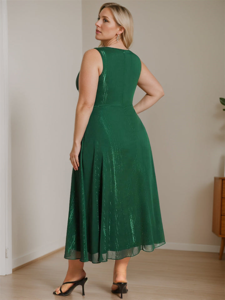 Robe de Mère de la Mariée A-Line/Princess Col en V Sans Manches Longueur Thé Couleur Unie