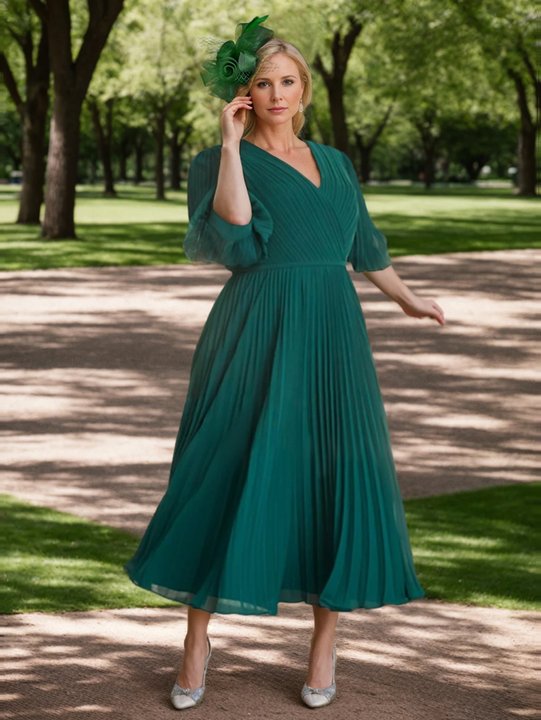 Robe de Mère de la Mariée Grande Taille, Coupe A-Line/Princess, Col en V, Manches 3/4, Longueur Thé, avec Plis