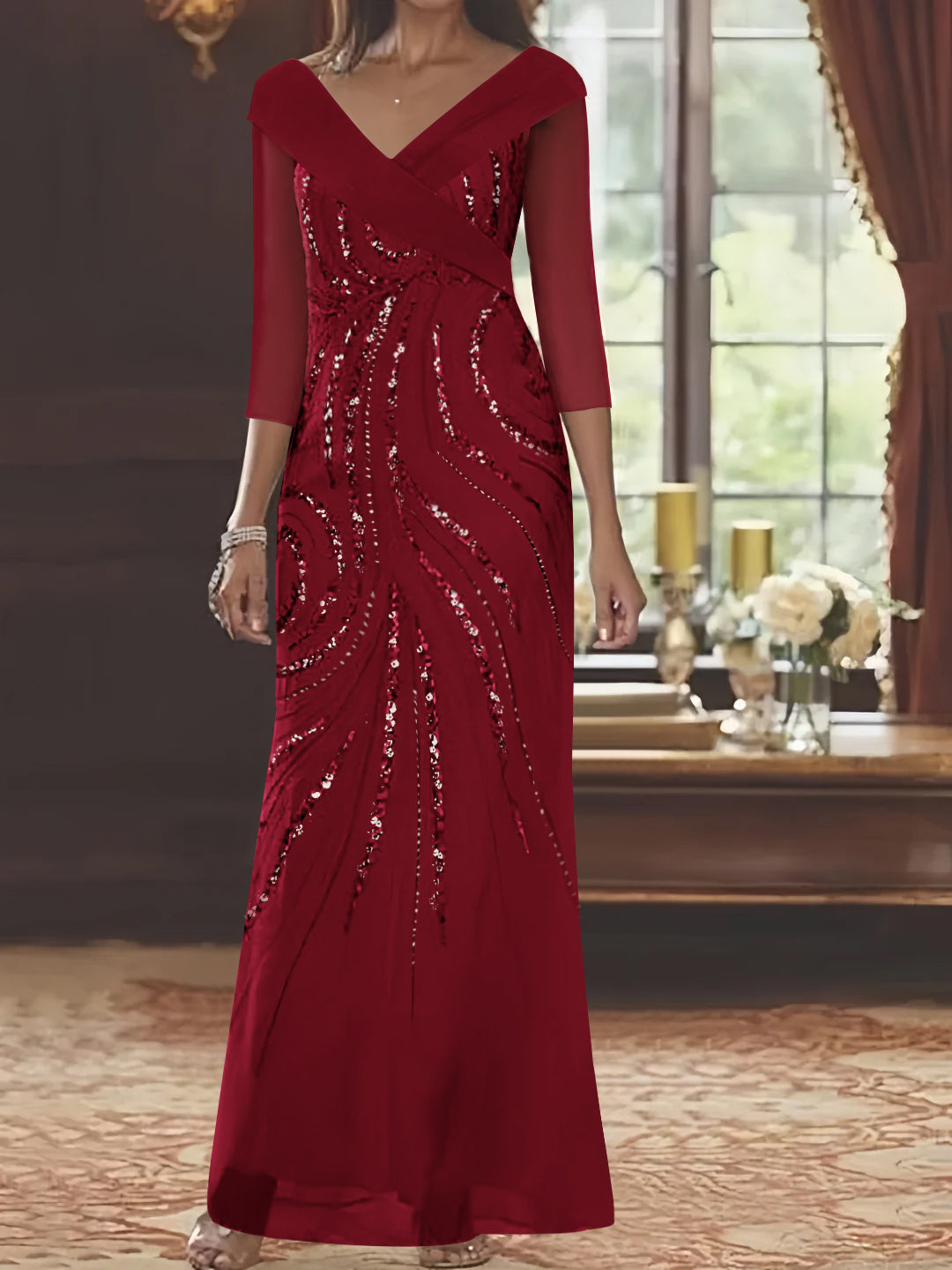 Robe de Mère de la Mariée Fourreau/Colonne à Col en V et Manches 3/4, Longueur Au Sol, avec Paillettes