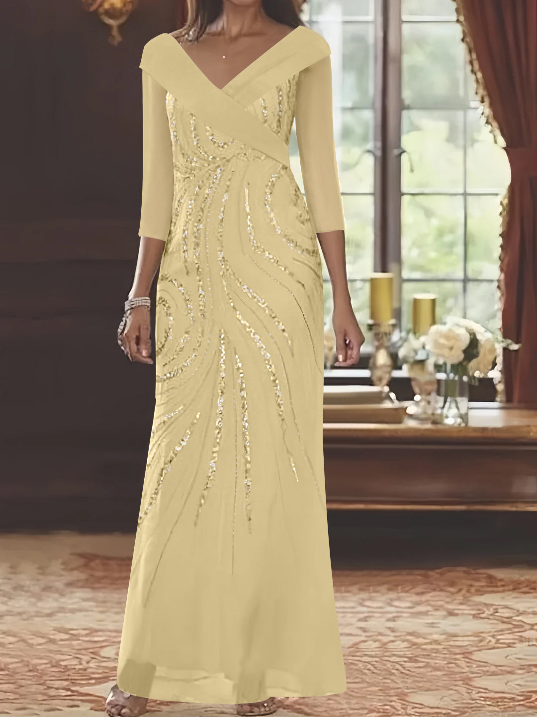 Robe de Mère de la Mariée Fourreau/Colonne à Col en V et Manches 3/4, Longueur Au Sol, avec Paillettes