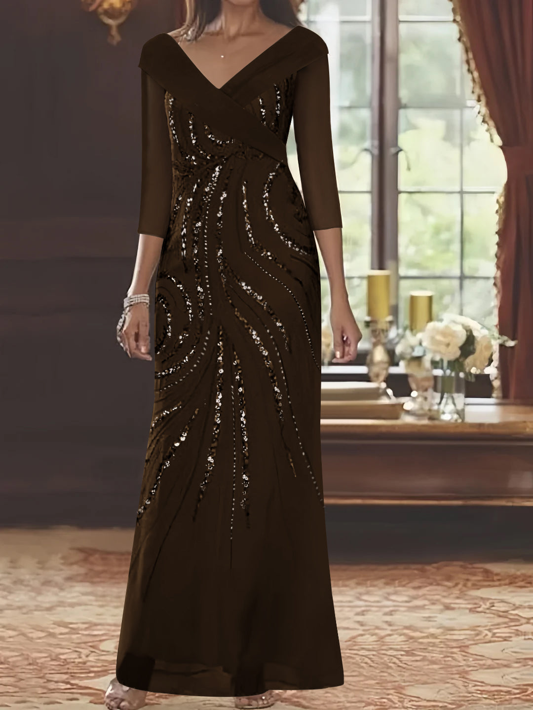 Robe de Mère de la Mariée Fourreau/Colonne à Col en V et Manches 3/4, Longueur Au Sol, avec Paillettes