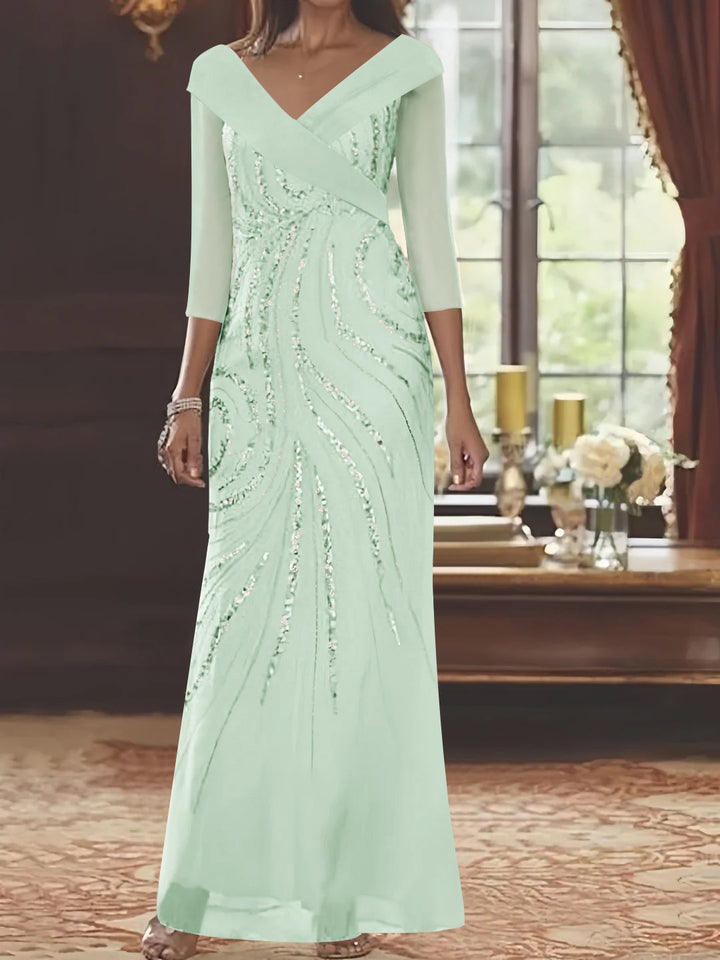 Robe de Mère de la Mariée Fourreau/Colonne à Col en V et Manches 3/4, Longueur Au Sol, avec Paillettes