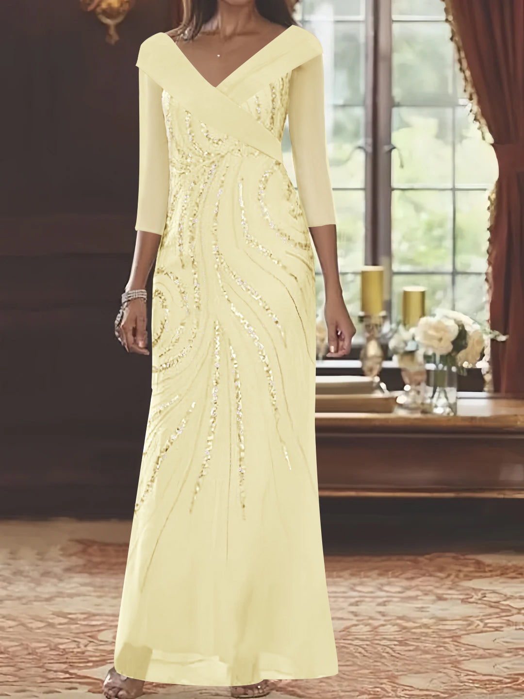 Robe de Mère de la Mariée Fourreau/Colonne à Col en V et Manches 3/4, Longueur Au Sol, avec Paillettes