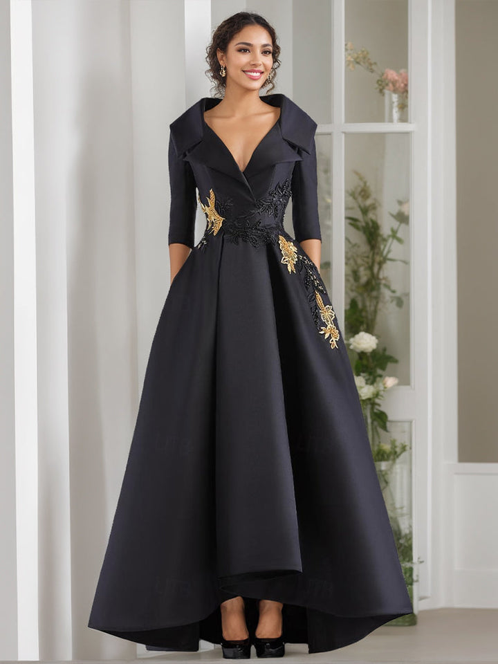 Robe de Mère de la Mariée Coupe A-Line/Princess à Col en V et 3/4 Manches, Longueur Au Sol, avec Appliques et Perles