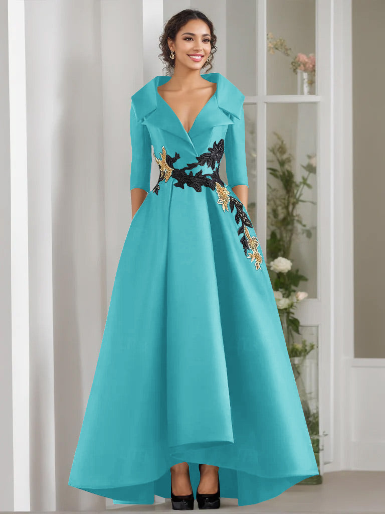 Robe de Mère de la Mariée Coupe A-Line/Princess à Col en V et 3/4 Manches, Longueur Au Sol, avec Appliques et Perles