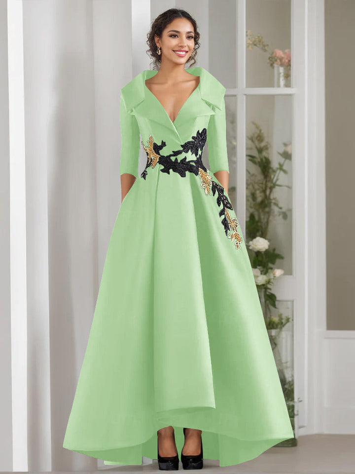 Robe de Mère de la Mariée Coupe A-Line/Princess à Col en V et 3/4 Manches, Longueur Au Sol, avec Appliques et Perles