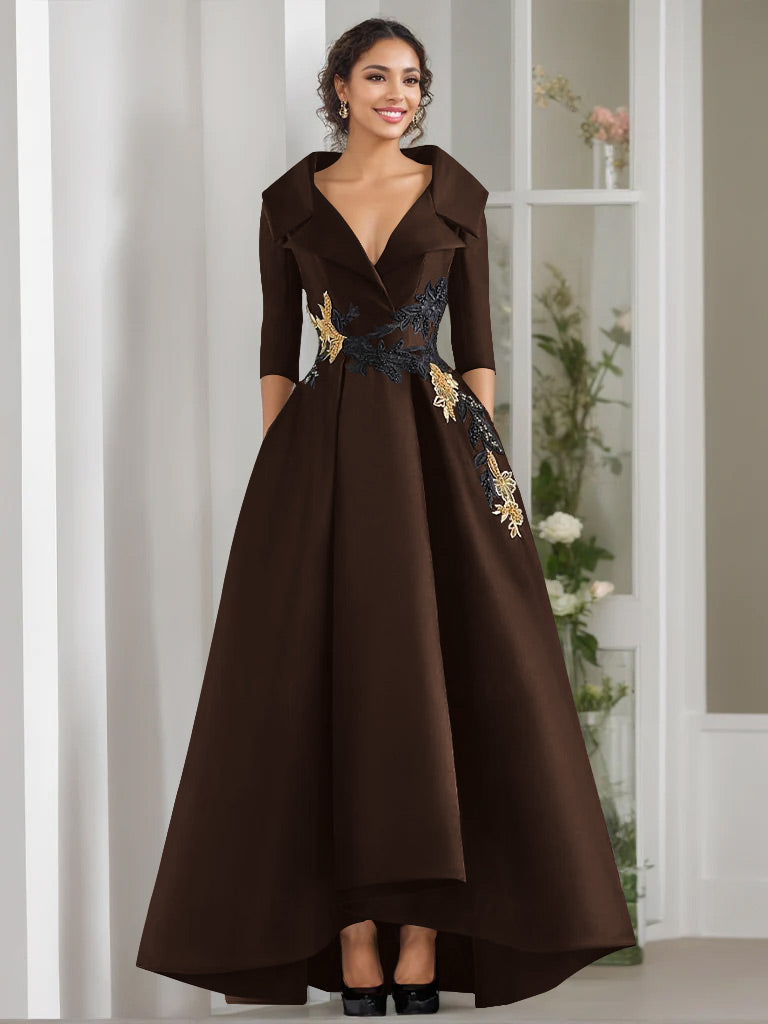 Robe de Mère de la Mariée Coupe A-Line/Princess à Col en V et 3/4 Manches, Longueur Au Sol, avec Appliques et Perles