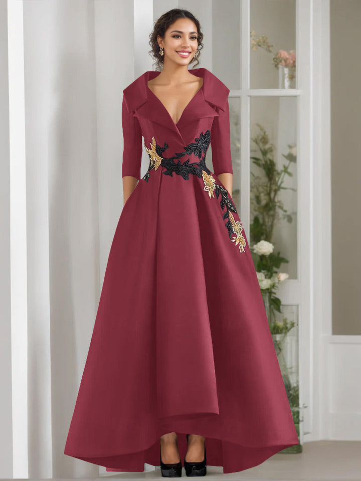 Robe de Mère de la Mariée Coupe A-Line/Princess à Col en V et 3/4 Manches, Longueur Au Sol, avec Appliques et Perles
