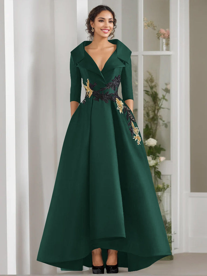 Robe de Mère de la Mariée Coupe A-Line/Princess à Col en V et 3/4 Manches, Longueur Au Sol, avec Appliques et Perles