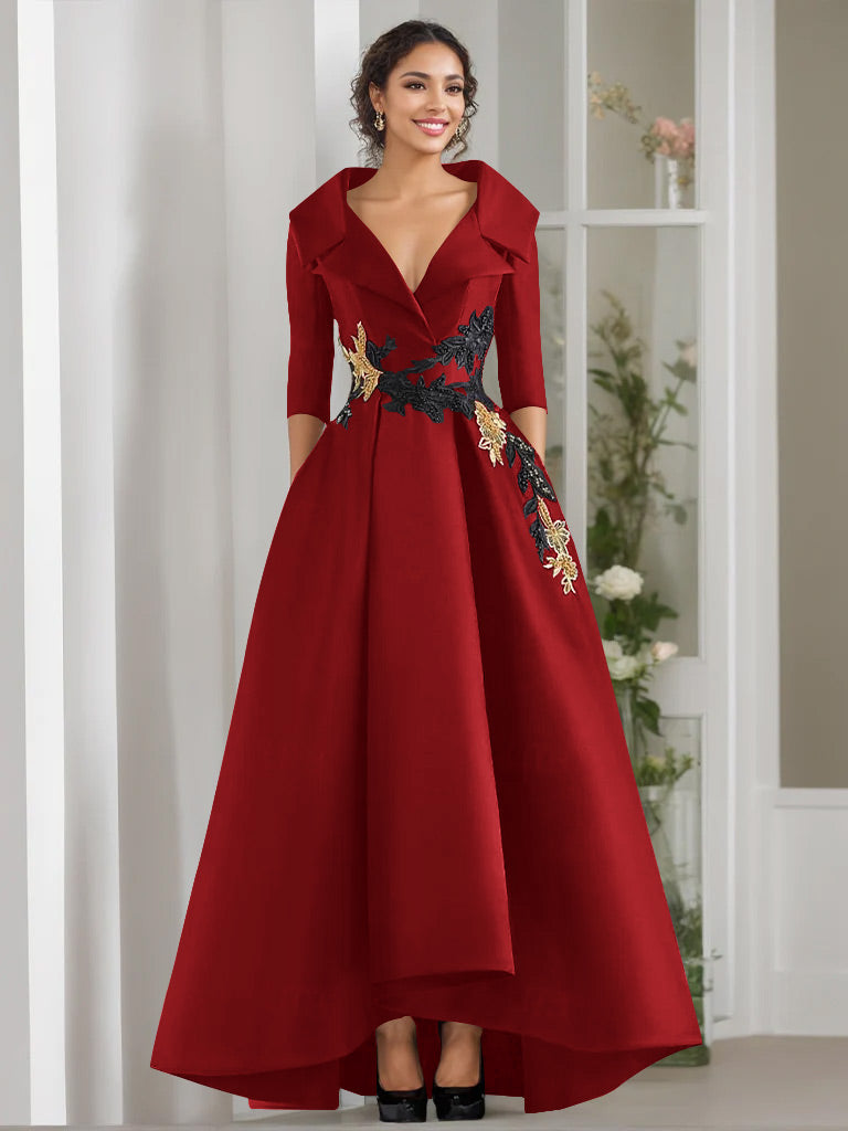 Robe de Mère de la Mariée Coupe A-Line/Princess à Col en V et 3/4 Manches, Longueur Au Sol, avec Appliques et Perles