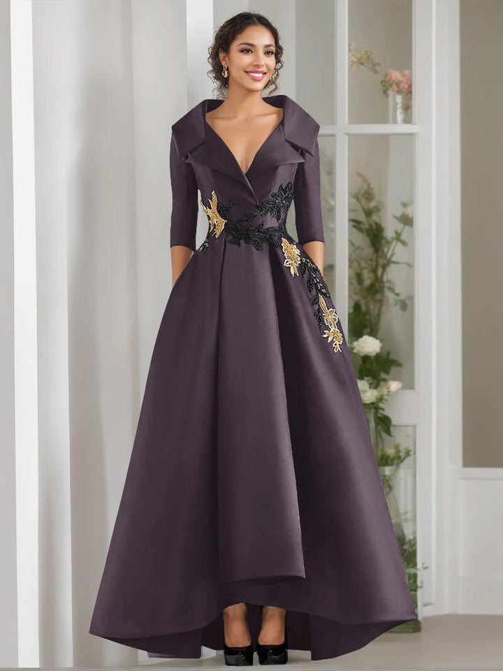 Robe de Mère de la Mariée Coupe A-Line/Princess à Col en V et 3/4 Manches, Longueur Au Sol, avec Appliques et Perles