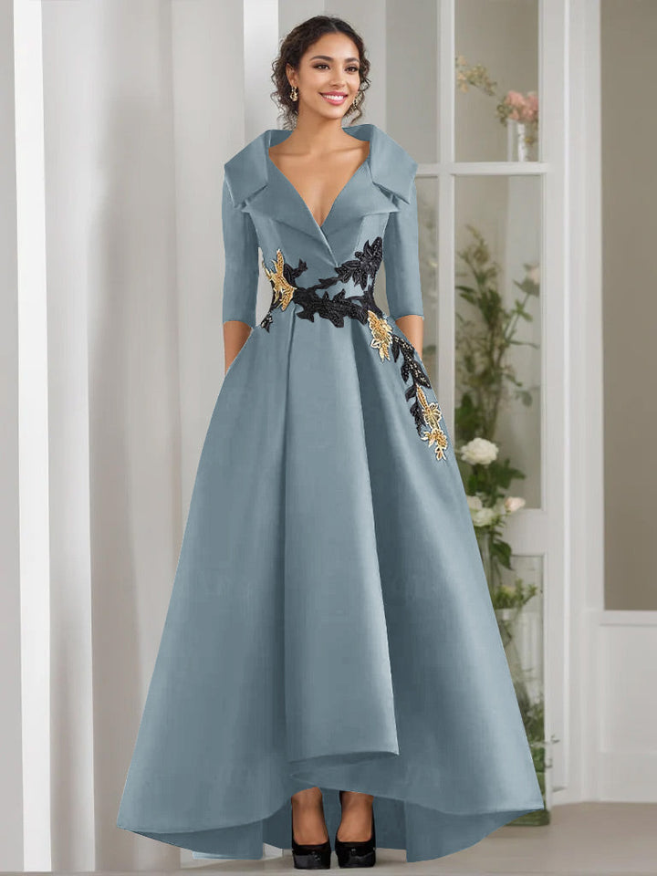 Robe de Mère de la Mariée Coupe A-Line/Princess à Col en V et 3/4 Manches, Longueur Au Sol, avec Appliques et Perles