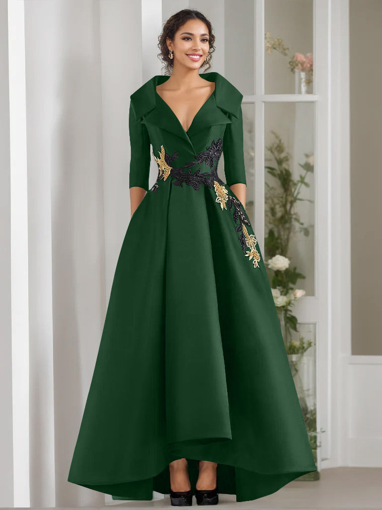 Robe de Mère de la Mariée Coupe A-Line/Princess à Col en V et 3/4 Manches, Longueur Au Sol, avec Appliques et Perles