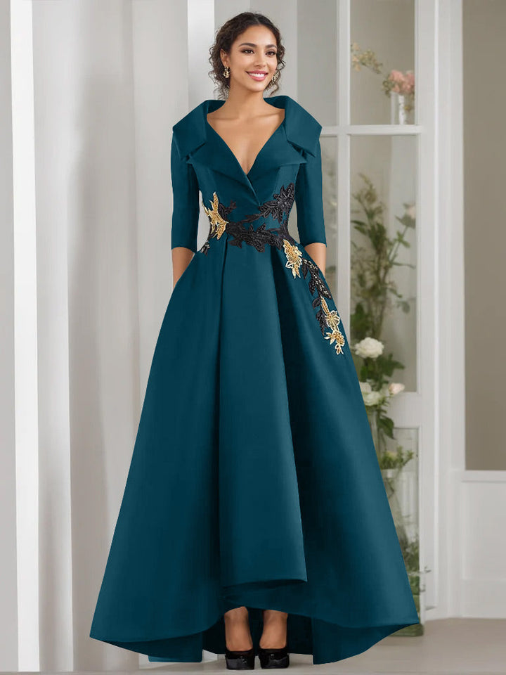Robe de Mère de la Mariée Coupe A-Line/Princess à Col en V et 3/4 Manches, Longueur Au Sol, avec Appliques et Perles
