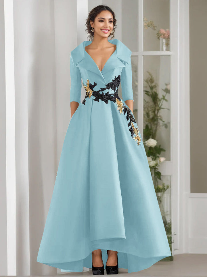 Robe de Mère de la Mariée Coupe A-Line/Princess à Col en V et 3/4 Manches, Longueur Au Sol, avec Appliques et Perles