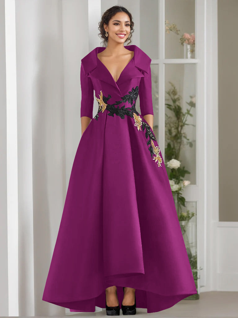 Robe de Mère de la Mariée Coupe A-Line/Princess à Col en V et 3/4 Manches, Longueur Au Sol, avec Appliques et Perles