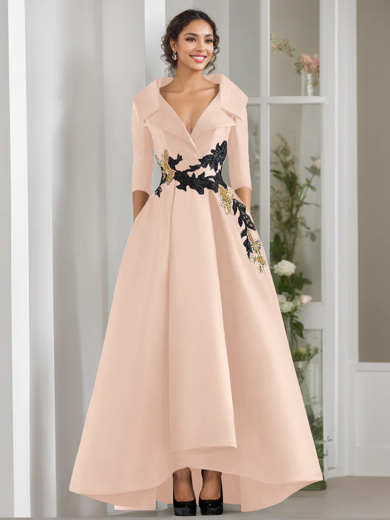 Robe de Mère de la Mariée Coupe A-Line/Princess à Col en V et 3/4 Manches, Longueur Au Sol, avec Appliques et Perles