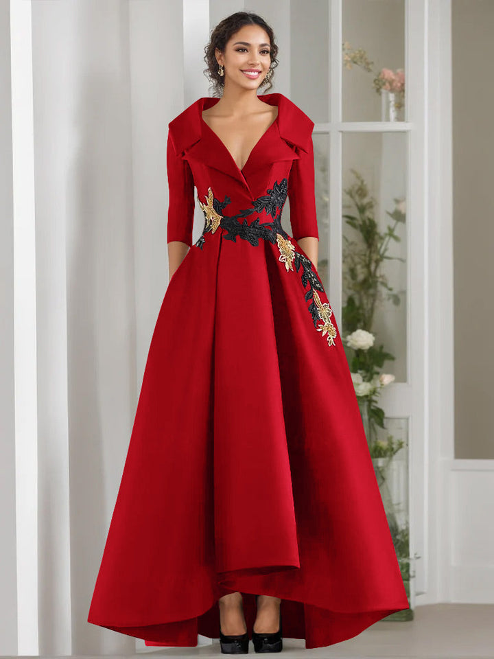 Robe de Mère de la Mariée Coupe A-Line/Princess à Col en V et 3/4 Manches, Longueur Au Sol, avec Appliques et Perles