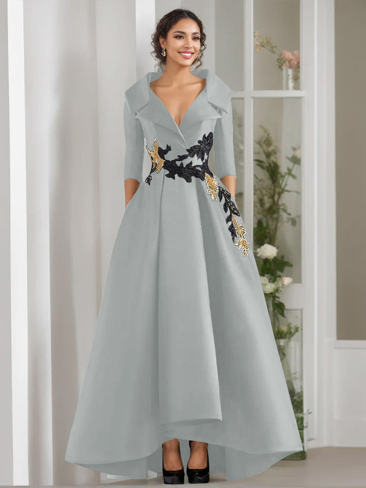 Robe de Mère de la Mariée Coupe A-Line/Princess à Col en V et 3/4 Manches, Longueur Au Sol, avec Appliques et Perles