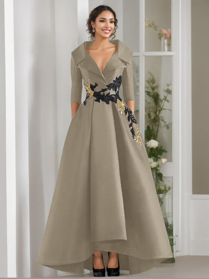 Robe de Mère de la Mariée Coupe A-Line/Princess à Col en V et 3/4 Manches, Longueur Au Sol, avec Appliques et Perles