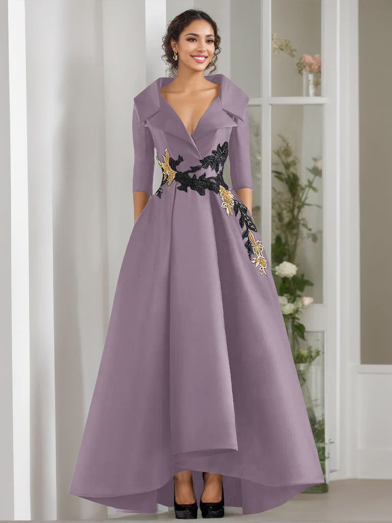Robe de Mère de la Mariée Coupe A-Line/Princess à Col en V et 3/4 Manches, Longueur Au Sol, avec Appliques et Perles