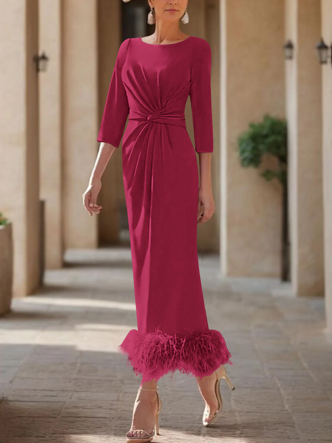 Robe Fourreau/Colonne à Encolure Dégagée et Longueur Cheville pour Mère de la Mariée et Du Marié avec Plumes
