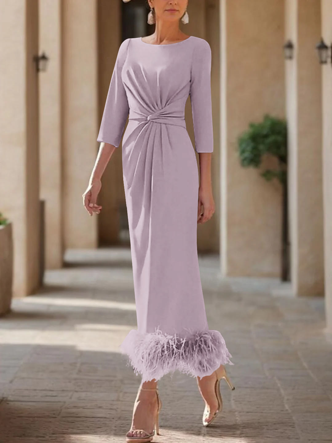 Robe Fourreau/Colonne à Encolure Dégagée et Longueur Cheville pour Mère de la Mariée et Du Marié avec Plumes