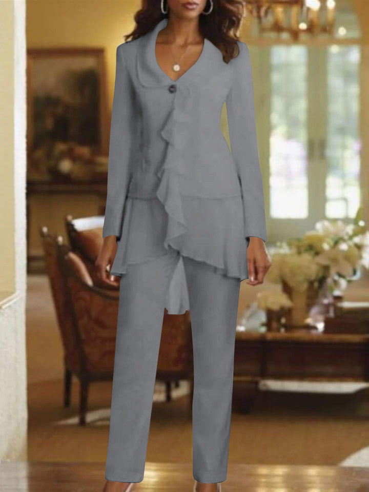 Tailleur-Pantalon Blanc à Col en V et Manches Longues pour Mère de la Mariée avec Volants