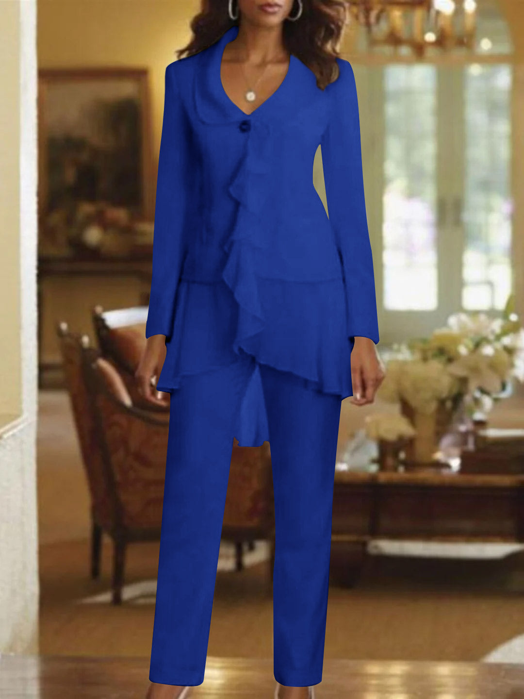 Tailleur-Pantalon Blanc à Col en V et Manches Longues pour Mère de la Mariée avec Volants