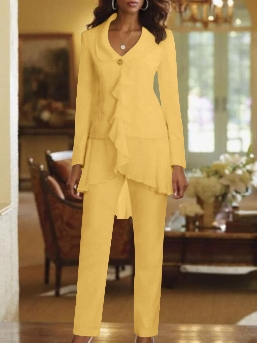 Tailleur-Pantalon Blanc à Col en V et Manches Longues pour Mère de la Mariée avec Volants