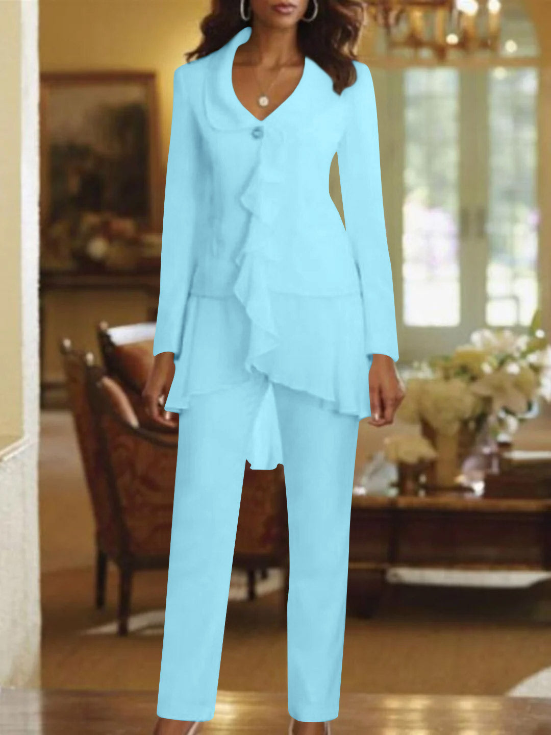 Tailleur-Pantalon Blanc à Col en V et Manches Longues pour Mère de la Mariée avec Volants