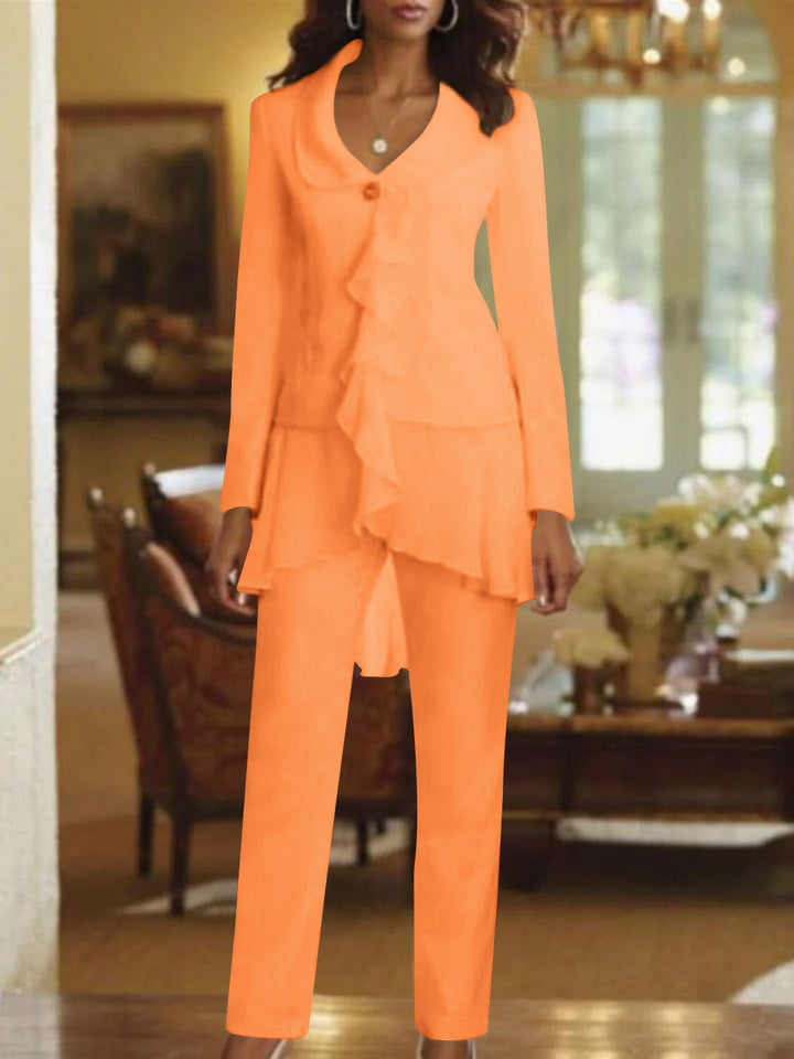 Tailleur-Pantalon Blanc à Col en V et Manches Longues pour Mère de la Mariée avec Volants