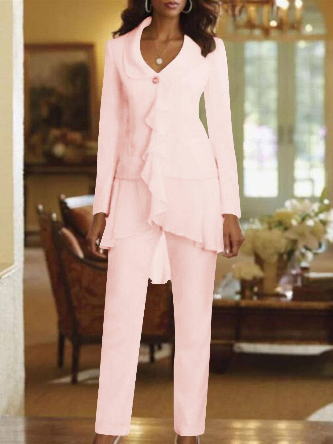Tailleur-Pantalon Blanc à Col en V et Manches Longues pour Mère de la Mariée avec Volants