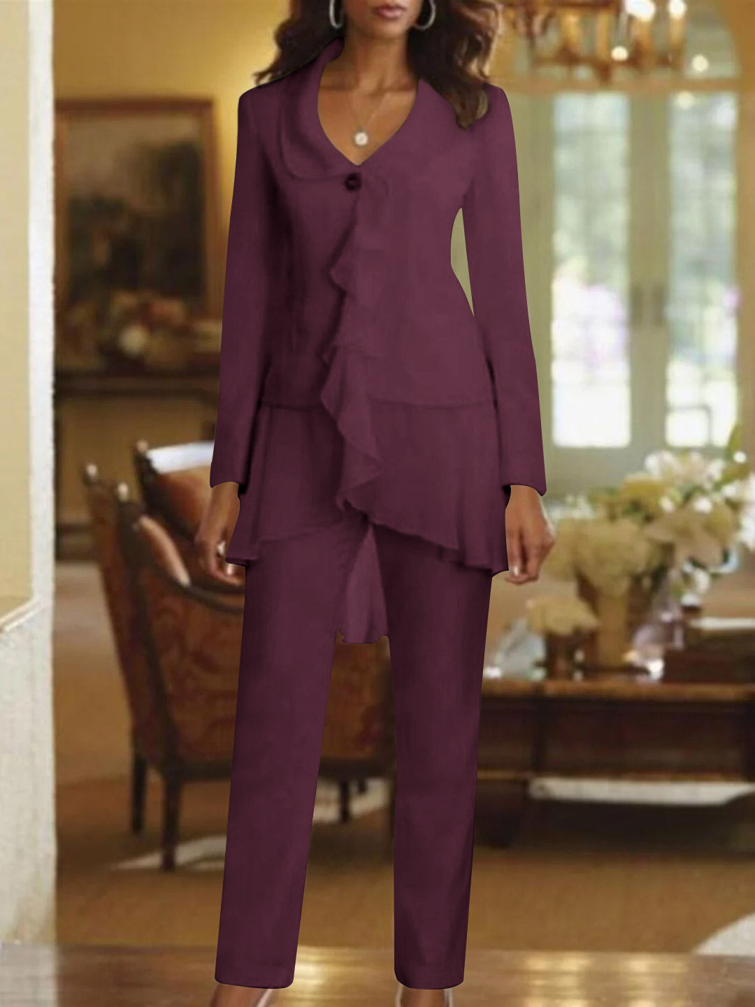 Tailleur-Pantalon Blanc à Col en V et Manches Longues pour Mère de la Mariée avec Volants