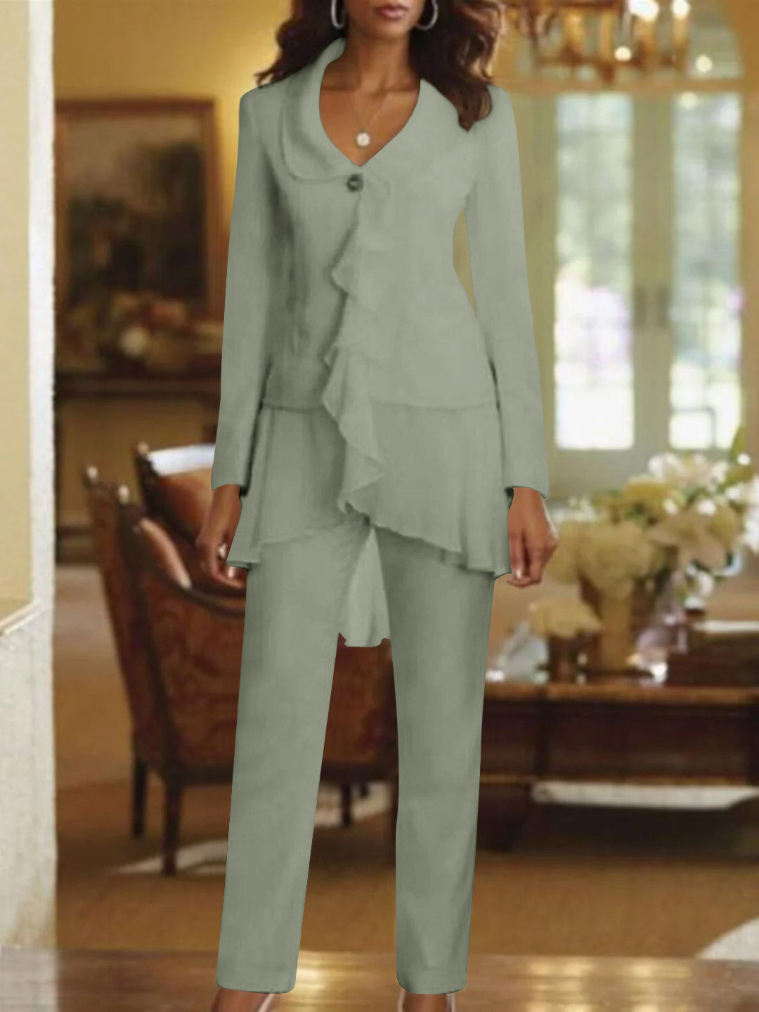 Tailleur-Pantalon Blanc à Col en V et Manches Longues pour Mère de la Mariée avec Volants
