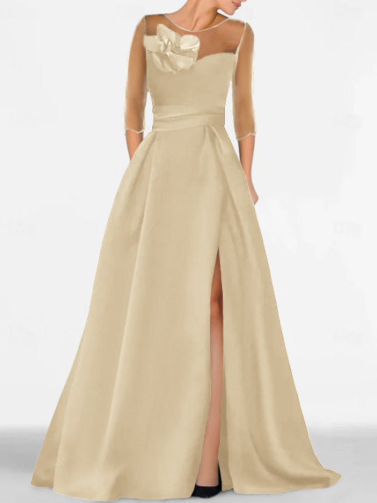 Robe de Mère de la Mariée Coupe A-Line/Princess à Manches 3/4 avec Dentelle et Fente Haute