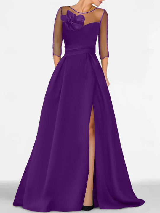 Robe de Mère de la Mariée Coupe A-Line/Princess à Manches 3/4 avec Dentelle et Fente Haute